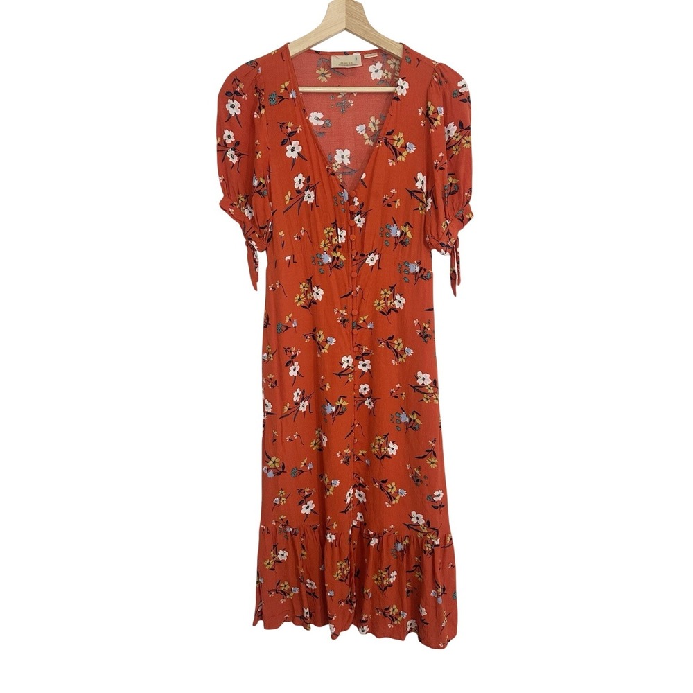 Maeve Anthropologie Women's 0 Eudora Midi Button Up Orange Floral Dress
